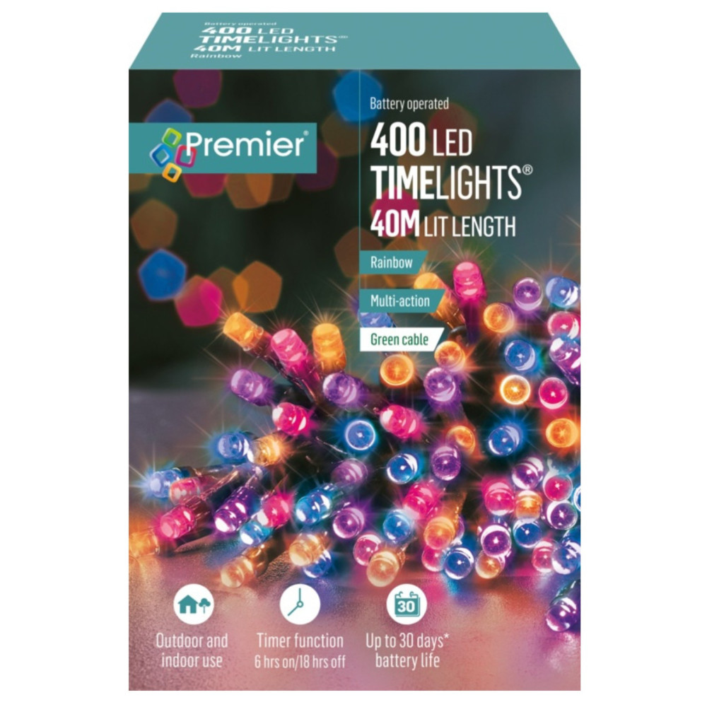 Premier 400 LED Multi Action Battery Operated TIMELIGHTS Rainbow/Green with 8‑sequence timer, waterproof battery box