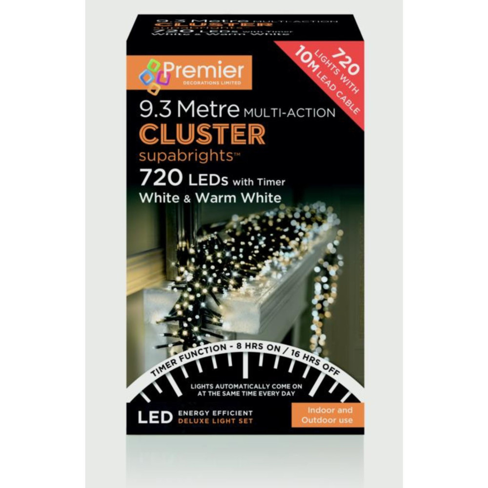 Premier 720 LED Multi Action Supabrights Cluster Lights With Timer White/Warm White/Green Cable