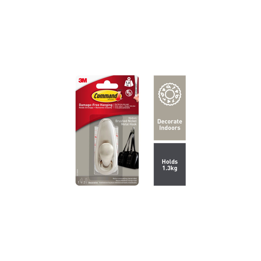 Command™ Medium Forever Classic Brushed Nickel Metal Hook 1 Hook, 2 Medium Strips