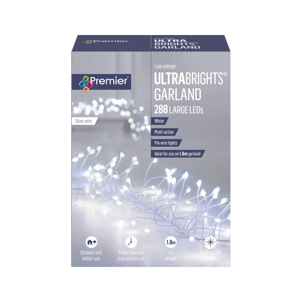 Premier Multi Action Ultra Brights Silver Garland White 288 LEDs