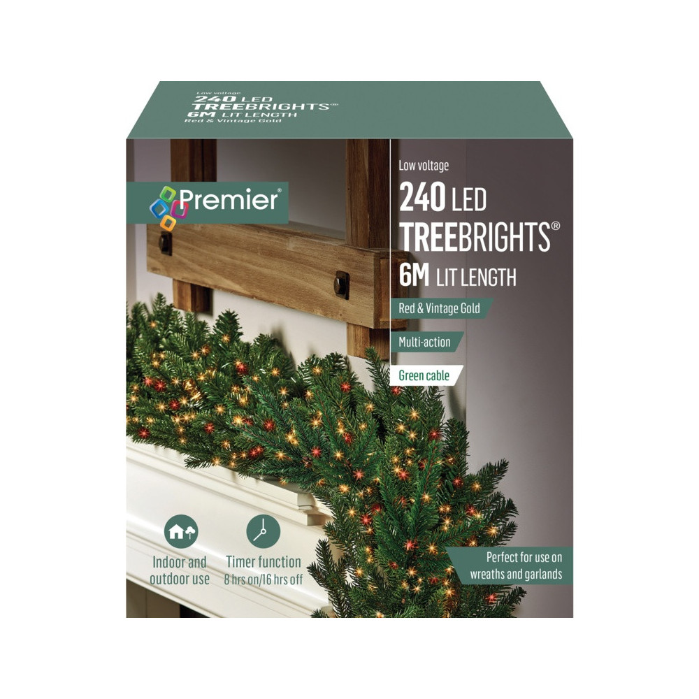 Premier 240 LED Multi Action Treebrights With Timer Red & Vintage Gold/Green Cable