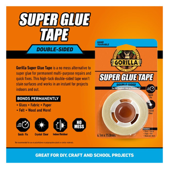 Gorilla Super Glue Tape 6.1m permanent multi-purpose repairs quick fixes and crafting projects