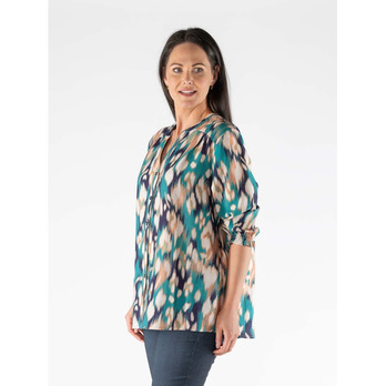 Green Abstract Print Blouse with 3/4 Sleeve - Casual & Dressy Occasions