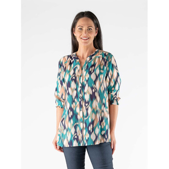 Green Abstract Print Blouse with 3/4 Sleeve - Casual & Dressy Occasions