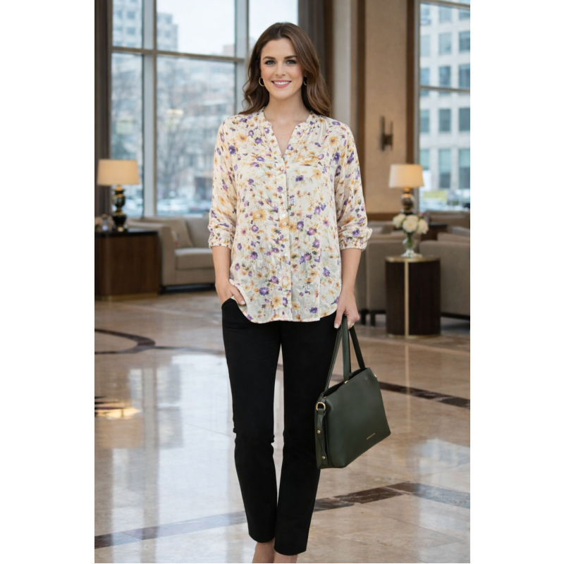 Ivory Multi Blouse With Elasticated Cuff with 3/4 Sleeve - For Casual or Semi-Formal Occasions