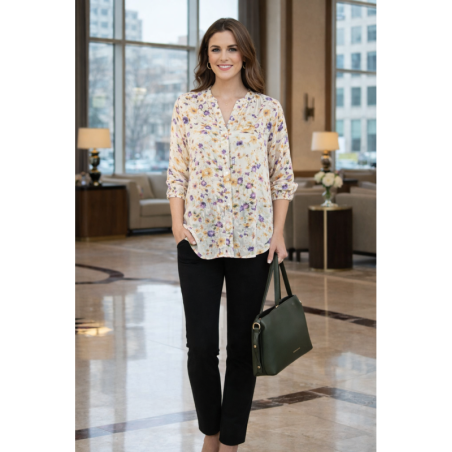 Ivory Multi Blouse With Elasticated Cuff with 3/4 Sleeve - For Casual or Semi-Formal Occasions