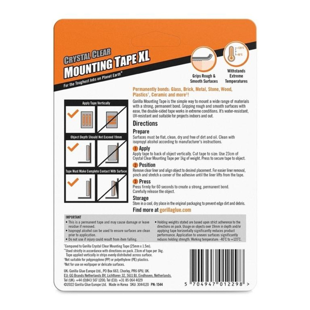 Gorilla Clear Mounting Tape XL 25mm x 3.8m - Double sided - Indoor or Outdoor use