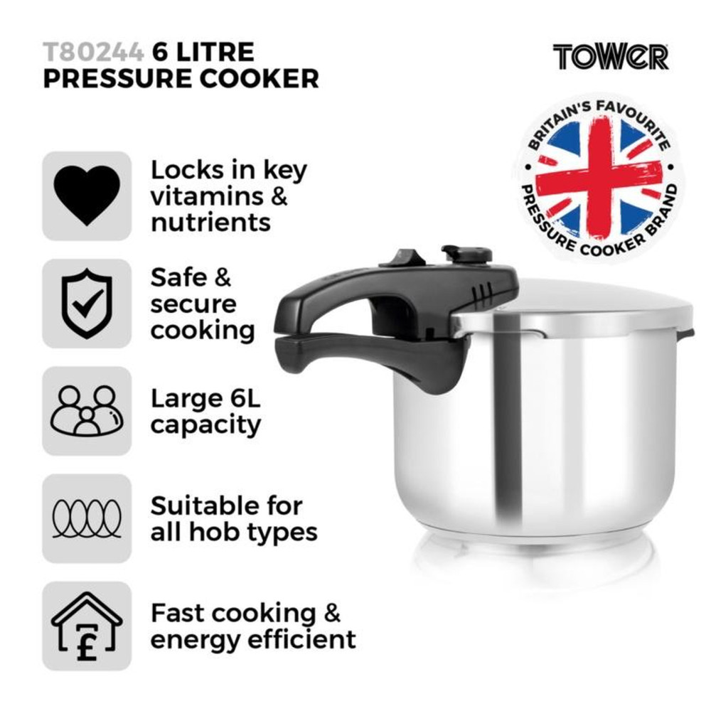 Tower Pressure Cooker 22cm 6L - Dishwasher safe - Locks in Nutrients and Vitamins