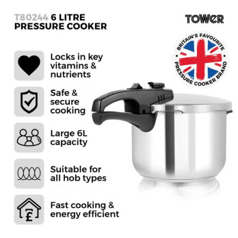 Tower Pressure Cooker 22cm 6L - Dishwasher safe - Locks in Nutrients and Vitamins