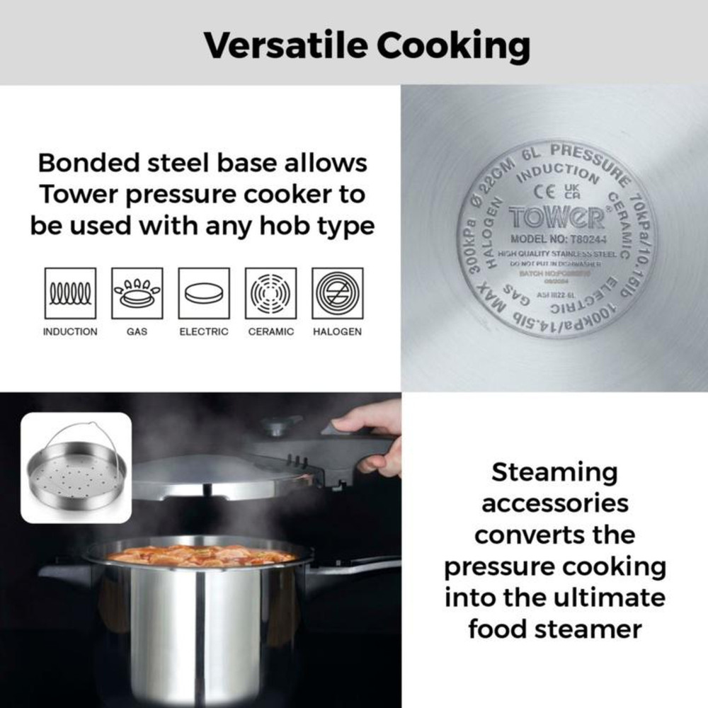 Tower Pressure Cooker 22cm 6L - Dishwasher safe - Locks in Nutrients and Vitamins