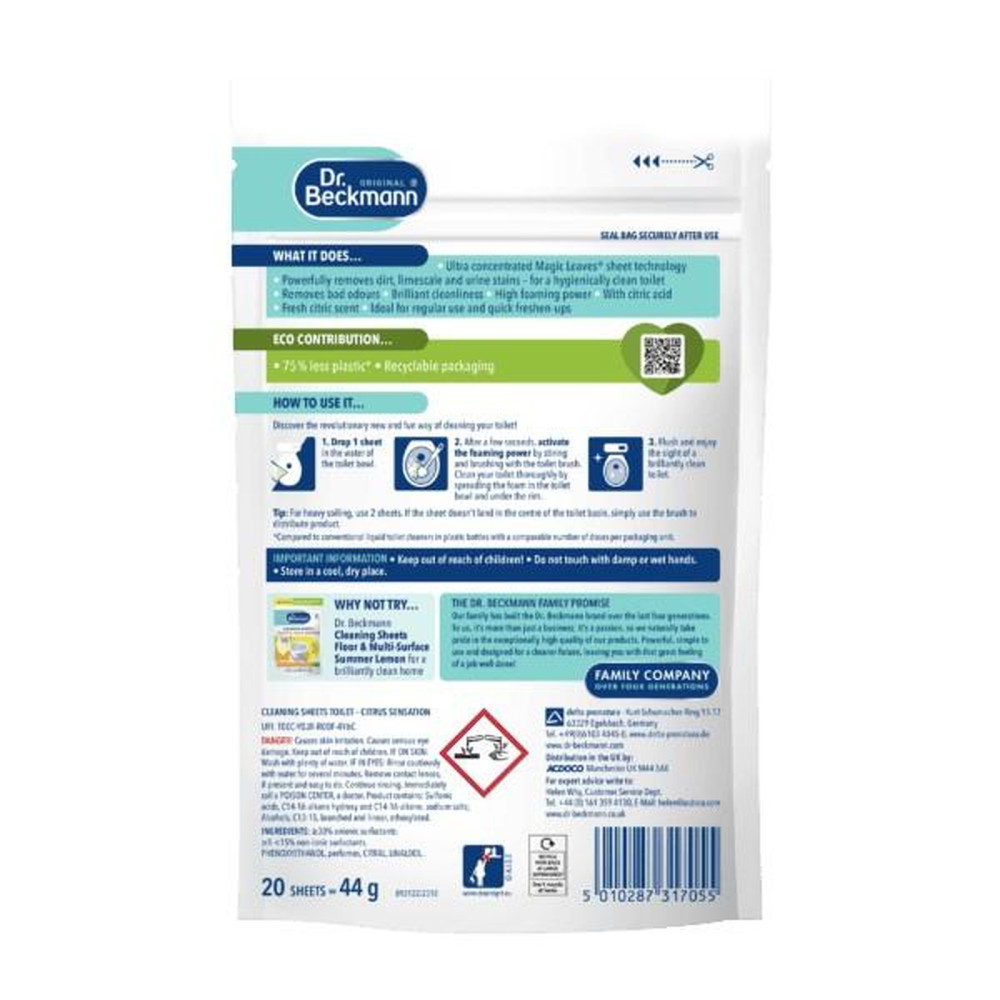Dr Beckmann Toilet Cleaning Leaves 20 Sheets Citrus Sensation - For dirt, limescale & urine stains