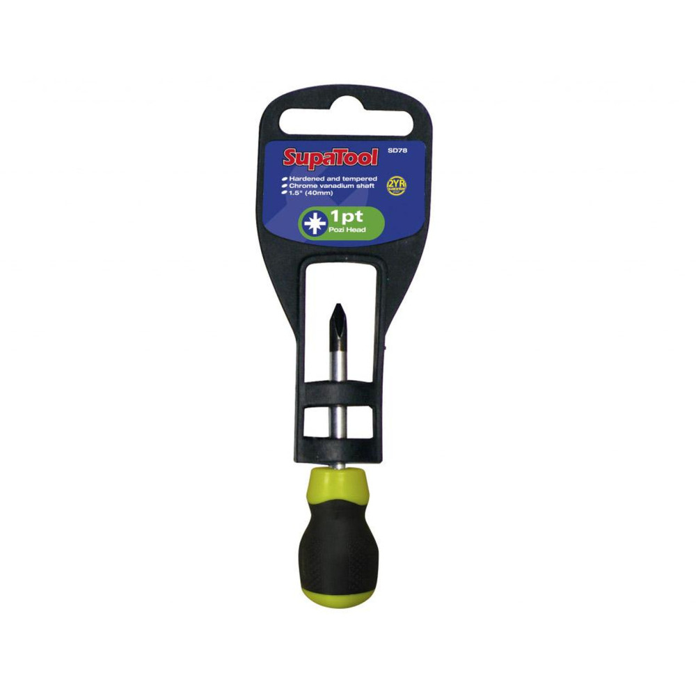 SupaTool Pozi Head Screwdriver No.1 x 40mm – Soft Grip CR-V PZ1 Stubby Hand Tool for DIY & Trade