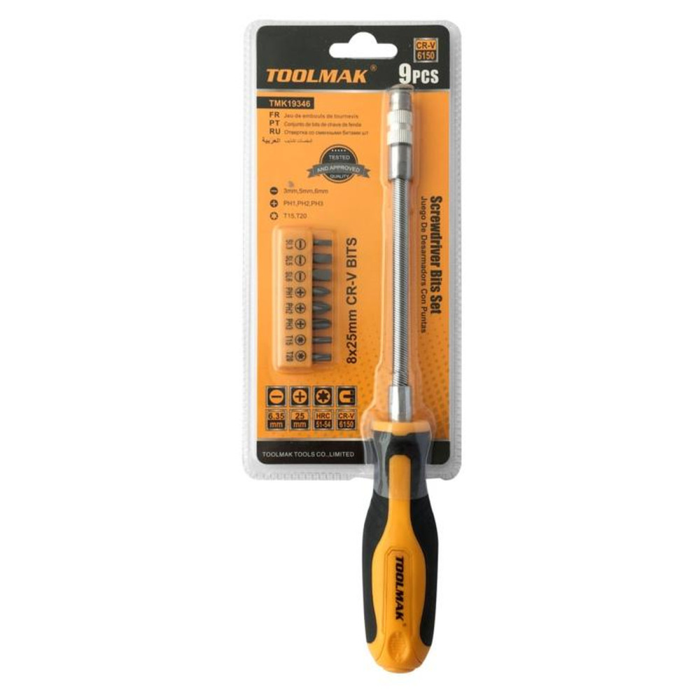 Toolmak 9 Piece Screwdriver Bit Set – Flexible Bit Rail Kit with Ergonomic Handle for DIY & Industrial Use