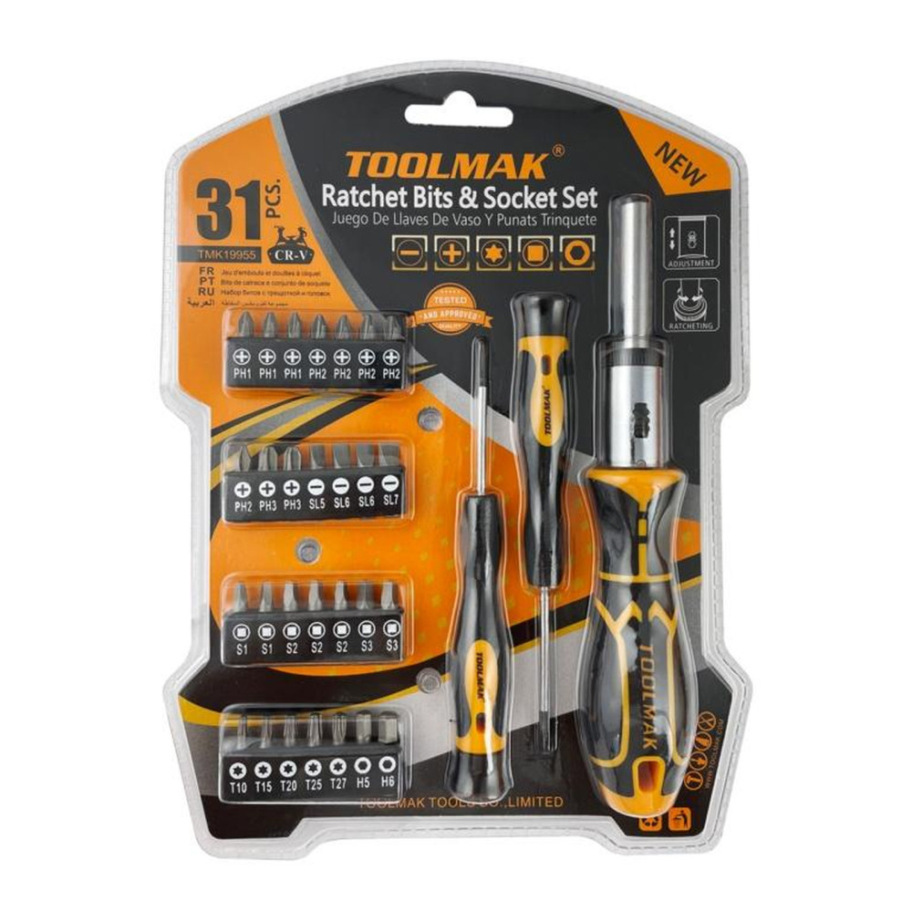 Toolmak 31 Piece Ratchet Bit & Socket Set – Chrome Vanadium Magnetic Driver Kit for DIY, Automotive & Repairs