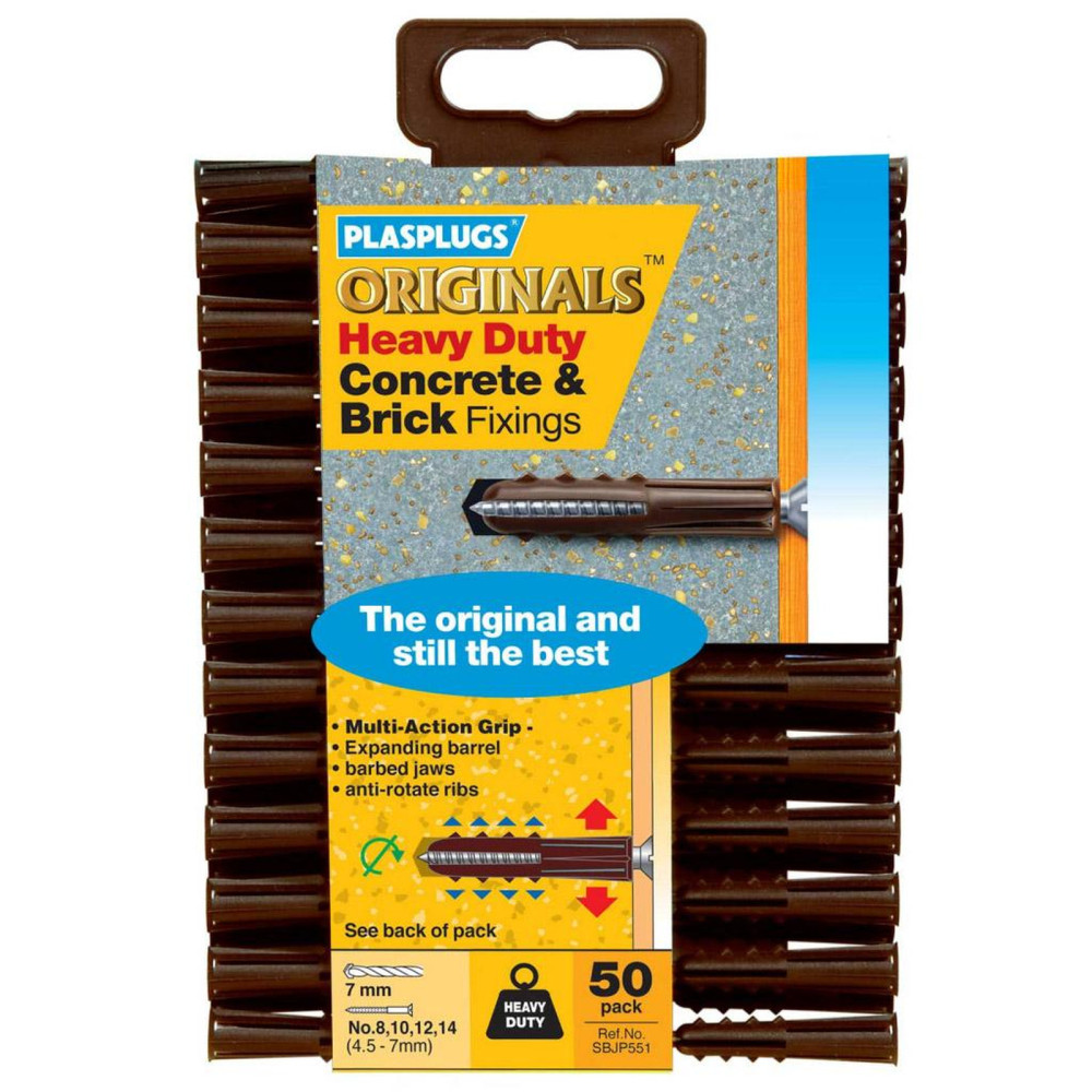 Plasplugs Heavy Duty Original Fixings 50 Pack - Durable Concrete & Brick Fixings