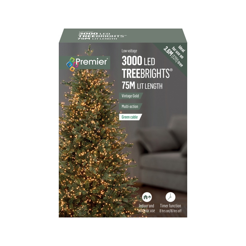 Premier 3000 LED Multi Action Treebrights With Timer Vintage Gold/Green Cable