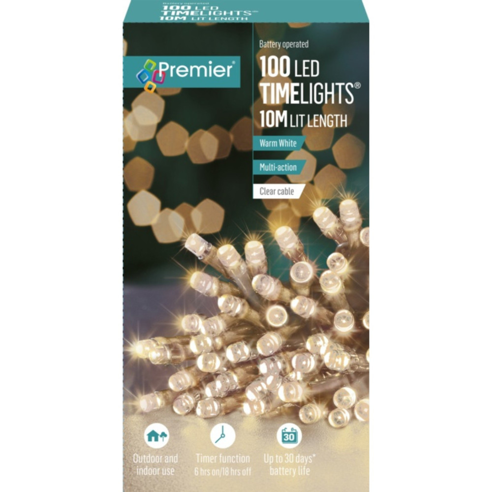 Premier 100 LED Multi Action Battery Operated TIMELIGHTS Warm White/Clear