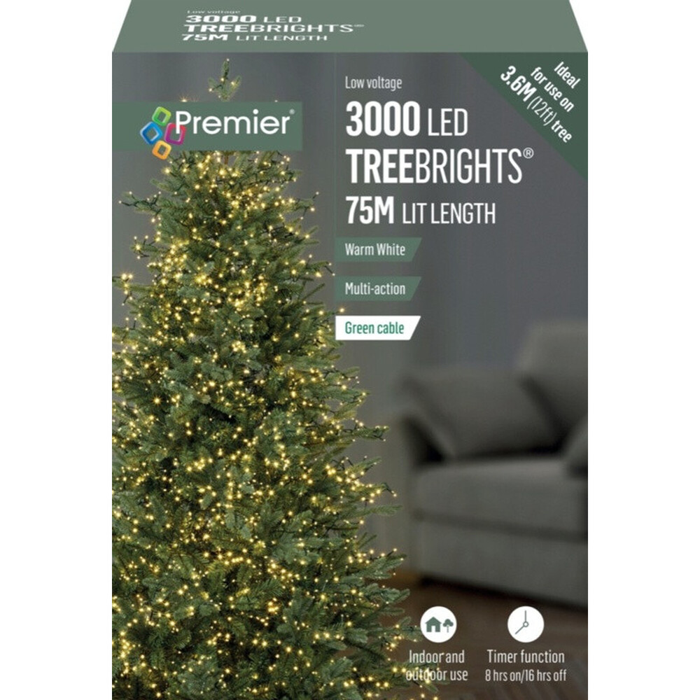 Premier 3000 LED Multi Action Treebrights With Timer - Warm White/Green Cable