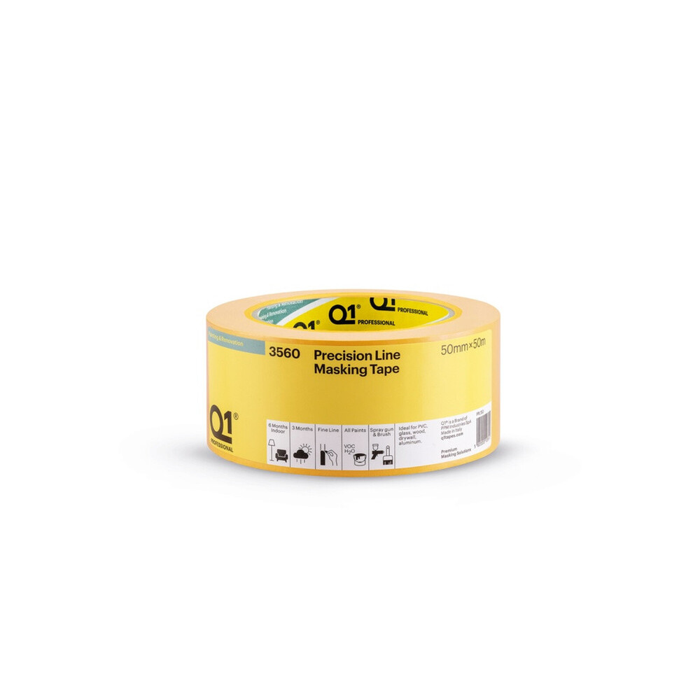 Q1 Precision Line Masking Tape 50mm x 50m - Ideal for PVC, Glass, Wood, Drywall & Aluminium