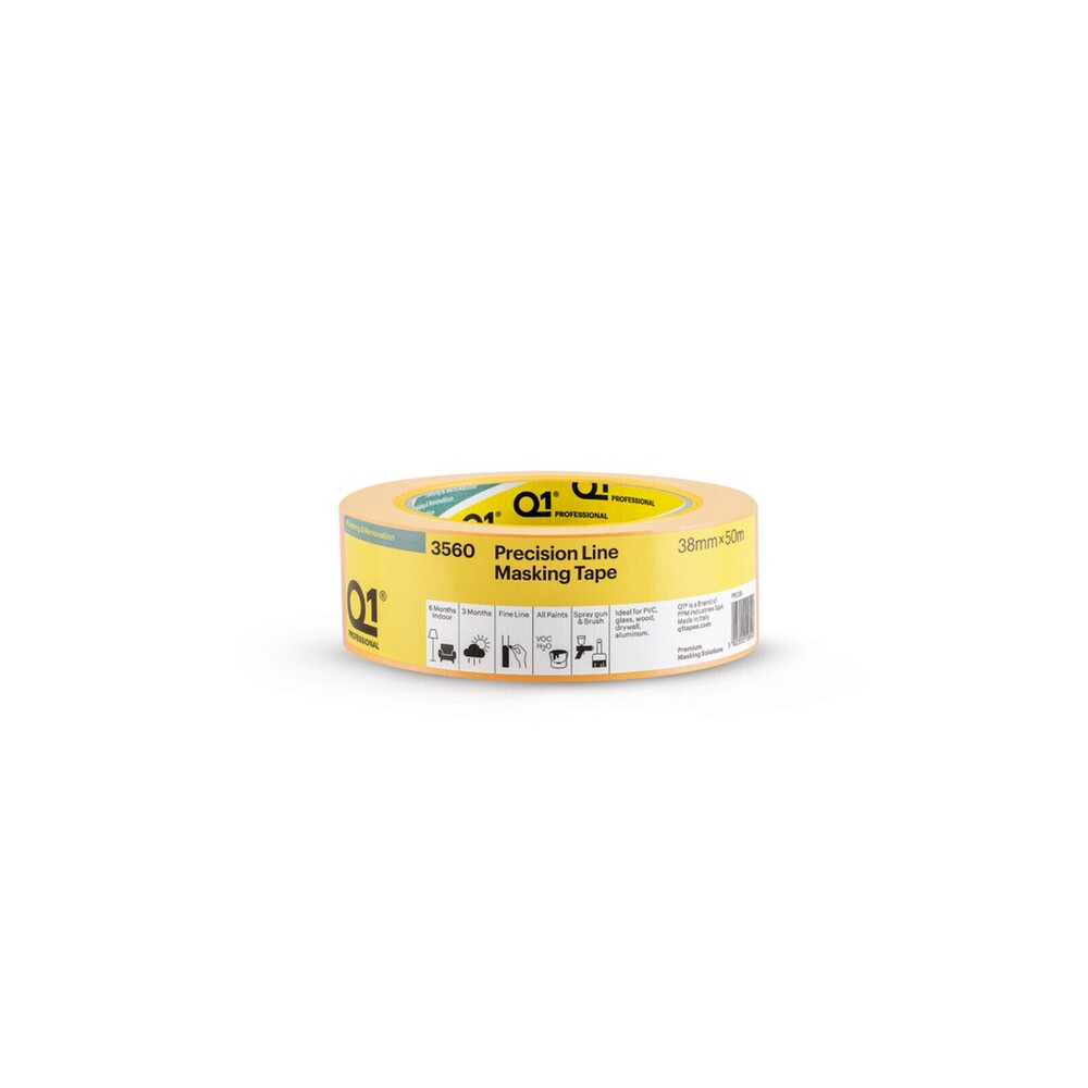 Q1 Precision Line Masking Tape 38mm x 50m - Ideal for PVC, Glass, Wood, Drywall, Aluminium