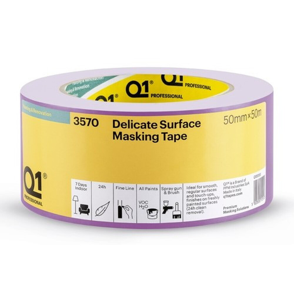 Q1 Delicate Surface Masking Tape 50mm x 50m - Ideal for Smooth, Regular Surfaces