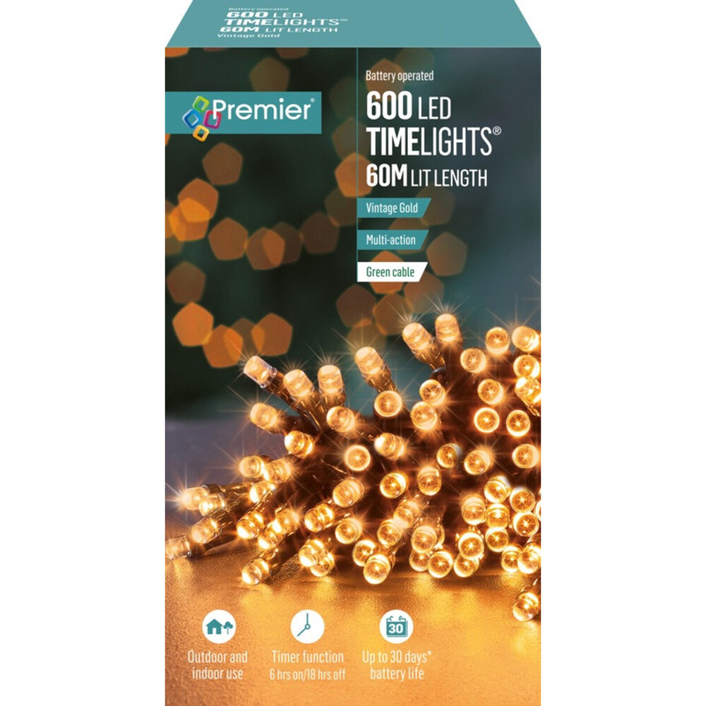 Premier 600 LED Multi Action Battery Operated TIMELIGHTS Vintage Gold/Green