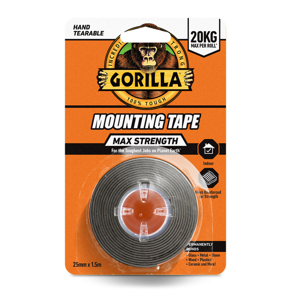 Gorilla Max Strength Mounting Tape 1.5m Black – 20kg Hold, Mesh‑Reinforced, Double‑Sided