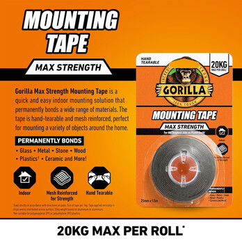 Gorilla Max Strength Mounting Tape 1.5m Black – 20kg Hold, Mesh‑Reinforced, Double‑Sided