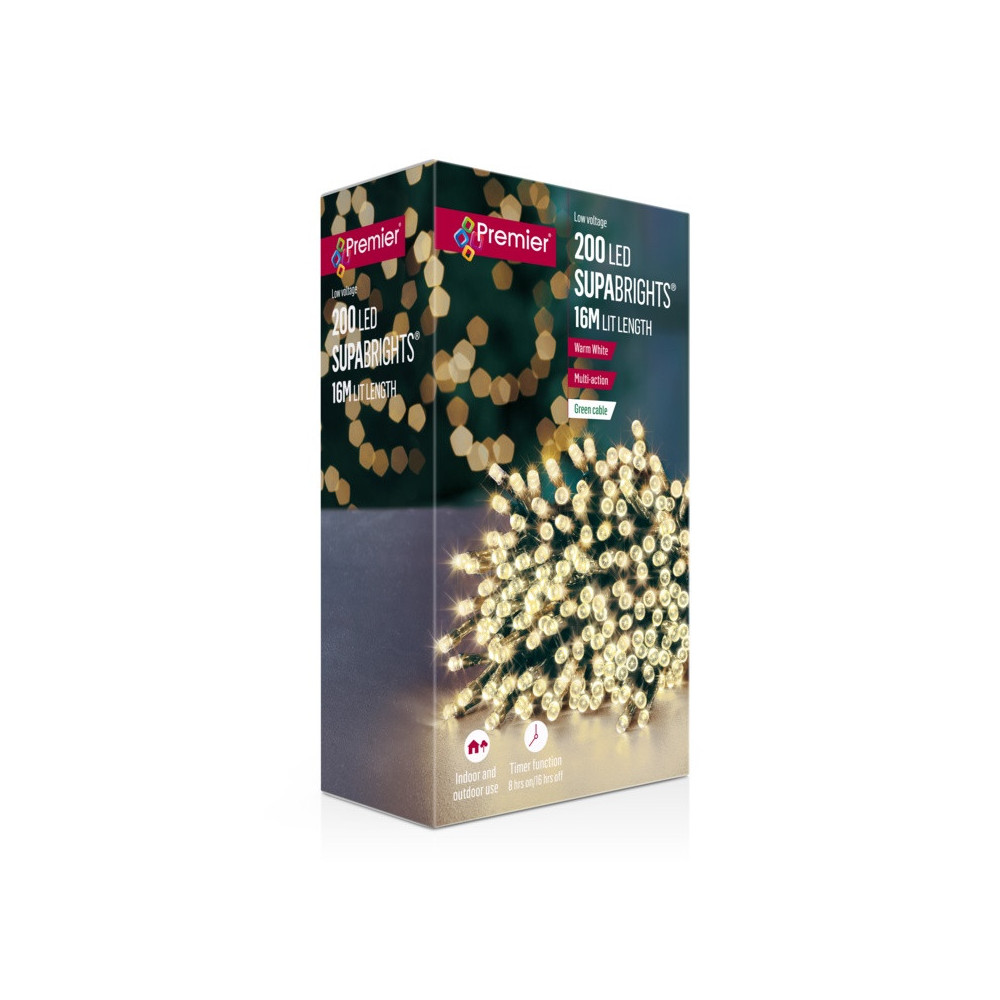 Premier 200 LED Multi Action Supabrights With Timer Warm White/Green Energy Efficient