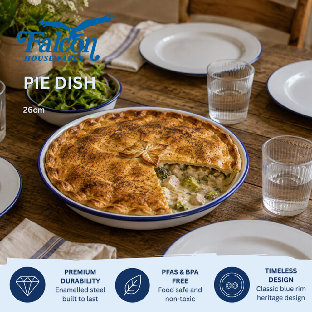 Falcon Round Pie Dish – Traditional White 26cm Enamel Finish, Dishwasher Safe, Lightweight