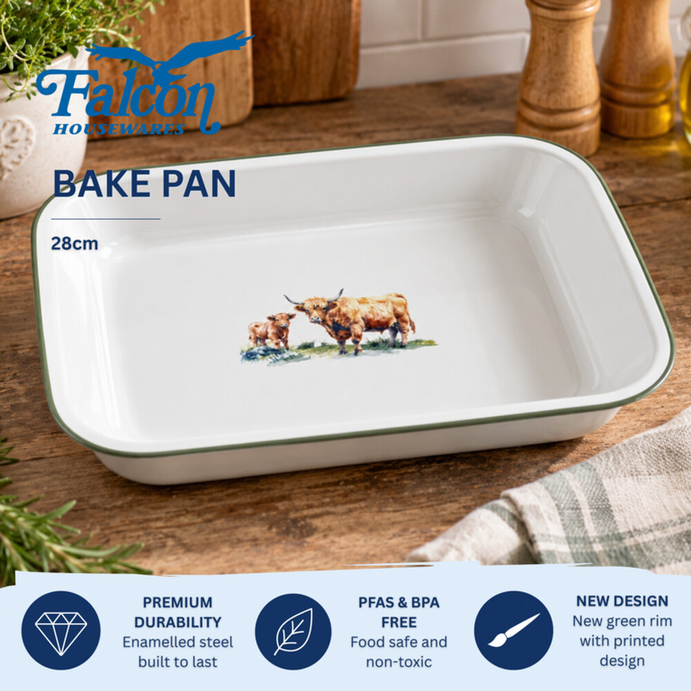 Falcon Enamel Bake Pan 28cm Highland Cow – Enamelled Steel, Hob & Induction Safe