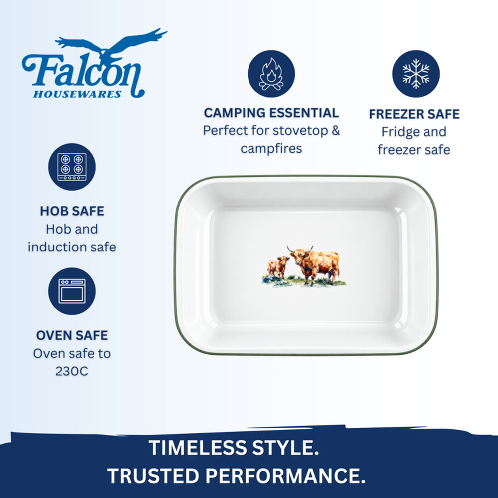 Falcon Enamel Bake Pan 28cm Highland Cow – Enamelled Steel, Hob & Induction Safe