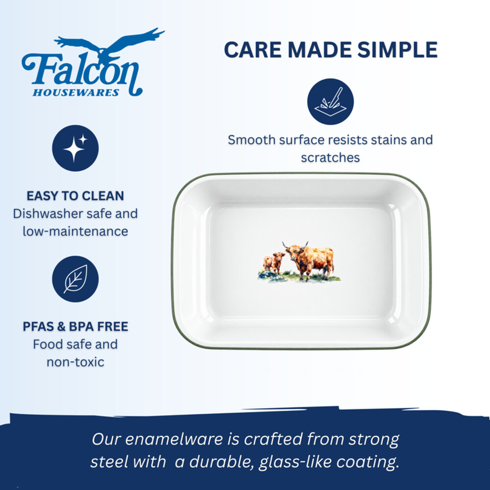 Falcon Enamel Bake Pan 28cm Highland Cow – Enamelled Steel, Hob & Induction Safe