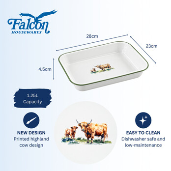 Falcon Enamel Bake Pan 28cm Highland Cow – Enamelled Steel, Hob & Induction Safe