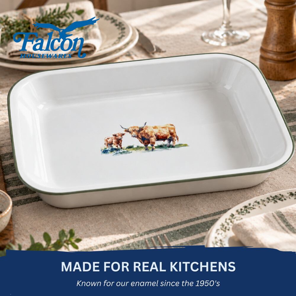 Falcon Enamel Bake Pan 28cm Highland Cow – Enamelled Steel, Hob & Induction Safe