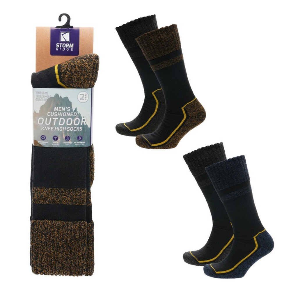 Storm Ridge Mens Cushioned Long Outdoor Sock Pack 2 – Arch supported, Cushioned sole, Steel toe, Breathable panels