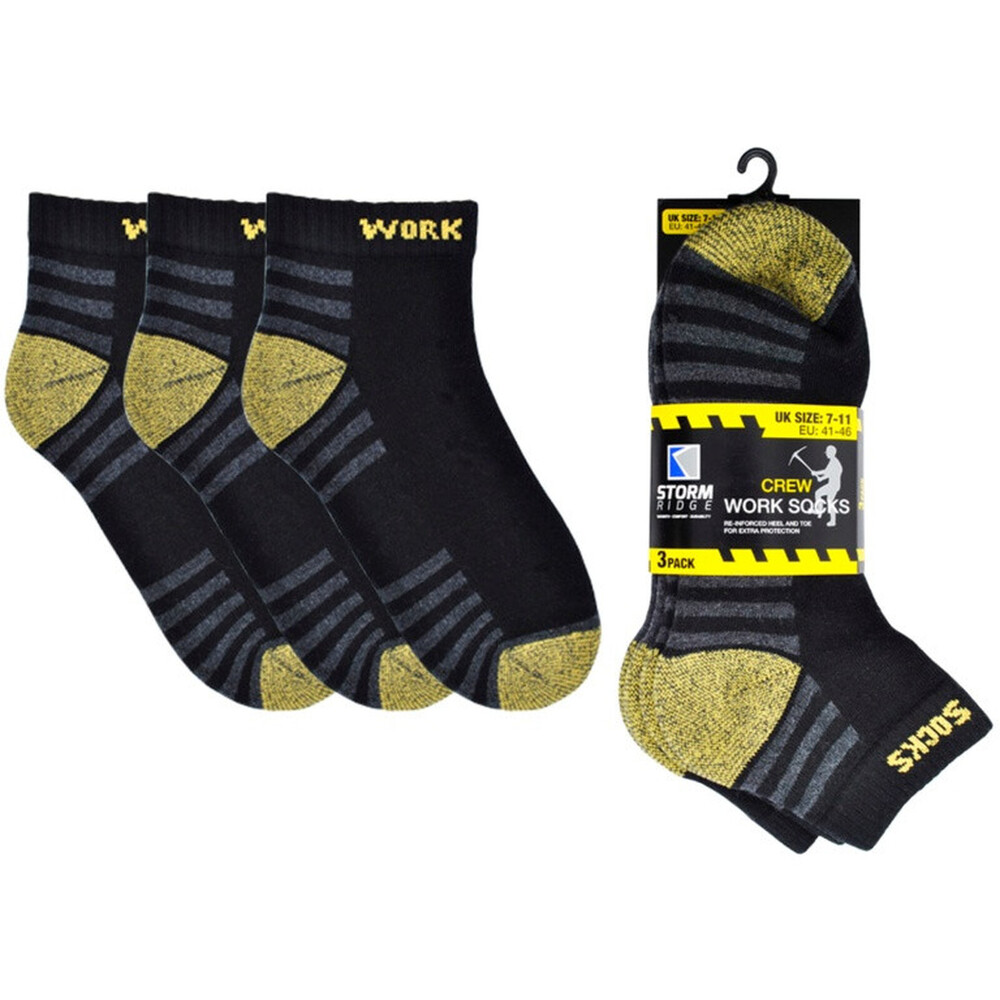 RJM Mens Work Socks Pack 3 – Black with Yellow Contrast, Size 7-11