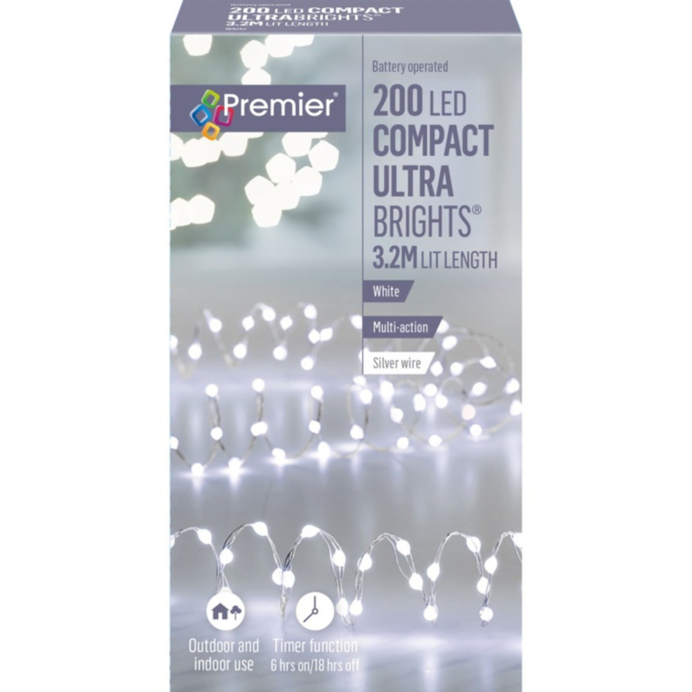 Premier Ultrabright Silver Wire 200 LEDs White 3.2m Lit Length – Battery Operated Timer